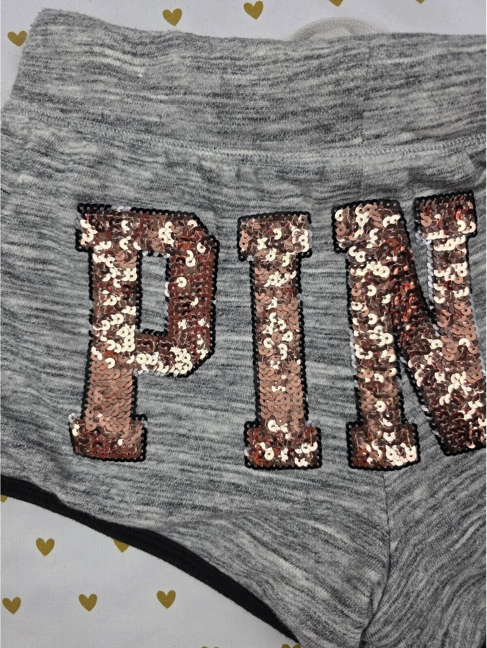 Victorias Secret PINK Grey GOLD BLING SEQUIN Sweat Shorts Dog SMALL